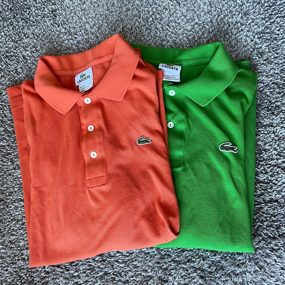 Men’s Lacoste Polo T-shirt’s green and orange both sz 6 in EUC condition!